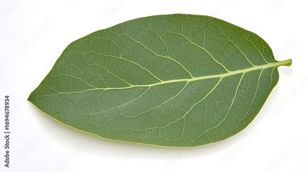 Obraz premium Macro study of a single leaf on clean surface, shot in 4K at 50mm with soft daylight, precise focus on veins and smooth background blur