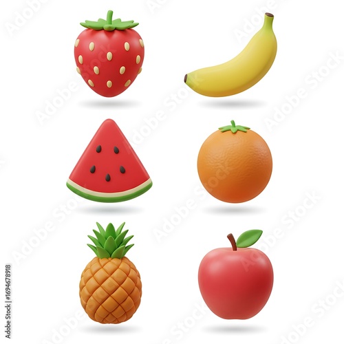 Collection of six stylized 3D fruits including strawberry banana watermelon orange pineapple and apple