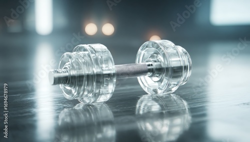 Clear dumbbell on reflective floor