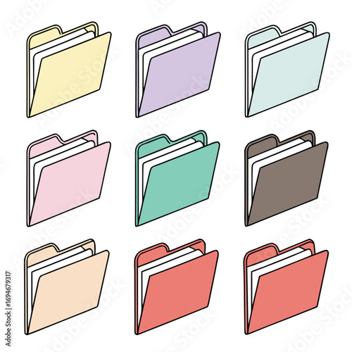 Nine colorful file folders with papers, ideal for business, organization, and office management projects, perfect for web design.