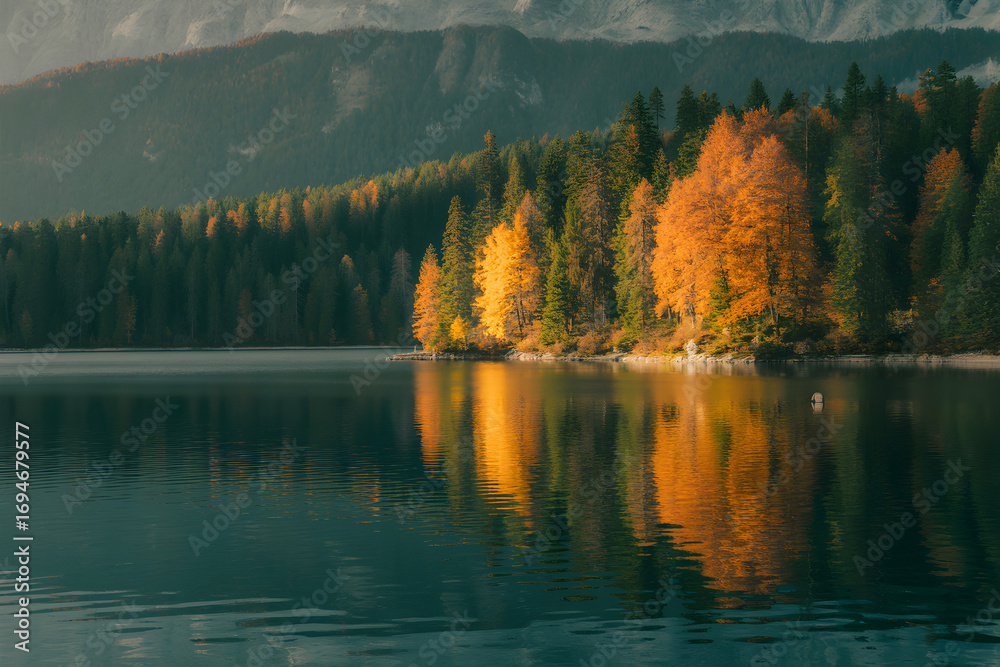 Naklejka premium Serene autumn landscape featuring a tranquil lake reflecting colorful trees and mountains creating a peaceful and scenic view perfect for nature and travel enthusiasts