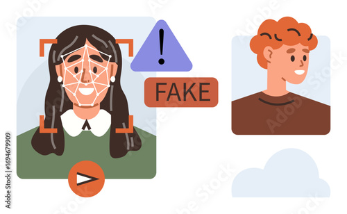 Face scanning frame highlighting fake detection with alert sign, contrasting two profiles. Ideal for AI ethics, digital security, privacy, misinformation, identification, tech innovation, simple flat