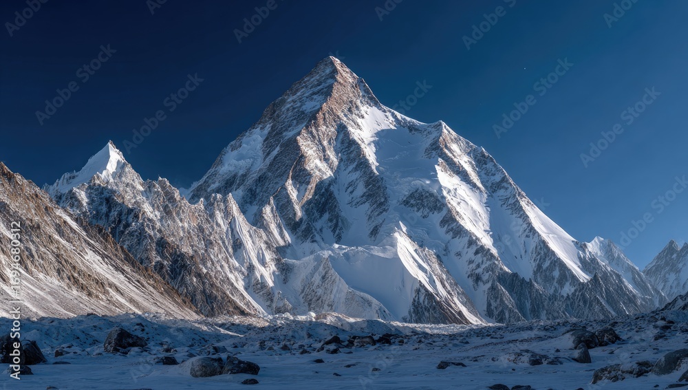 Fototapeta premium Majestic mountain peak in a vast, snowy landscape