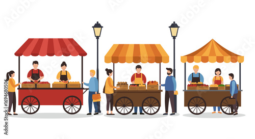 Market stalls with people selling fresh produce at outdoor farmers market