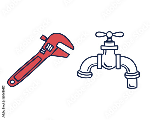 Red adjustable wrench and outline water tap on white background tool metal