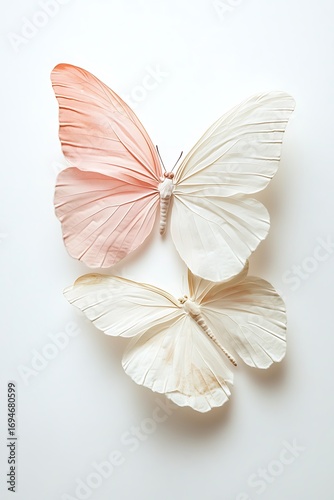 Two delicate butterflies, one with pink and white wings, the other all white, on a clean white background, creating a minimalist and elegant composition.