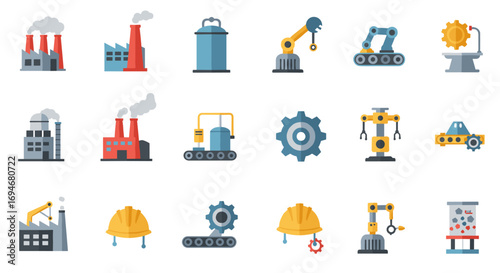 Industrial equipment icons: robotics and machinery in flat style