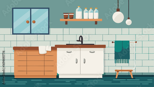 A laundry room with a white farmhouse sink wooden countertops and a subway tile backsplash.