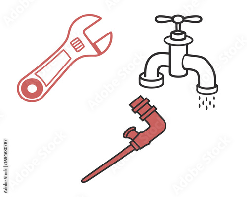 Red adjustable wrench black faucet with dripping water and red pipe fitting tool plumbing