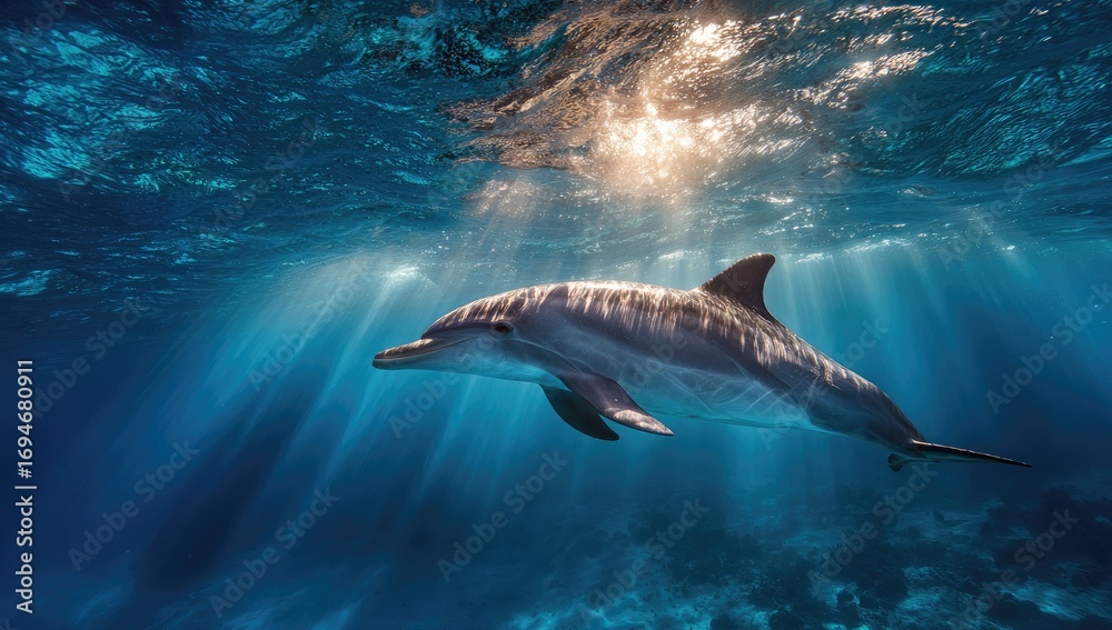 Naklejka premium Dolphin swimming underwater, sunbeams