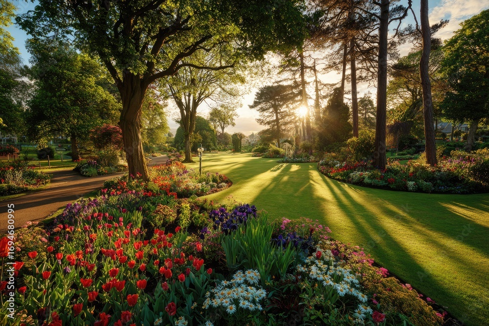 Obraz premium Sunlit garden path at dawn