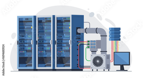Modern data center with cooling system and networking equipment