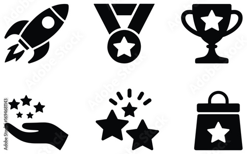 Vector icons showing rocket launch, medal, trophy, hand holding stars, shopping bag with star design, achievement and success symbols, award and celebration graphic elements