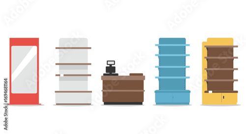 Variety of store display racks and counters in flat design