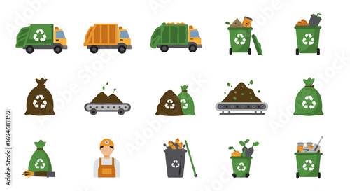 Collection of waste management and recycling icons for eco-friendly initiatives