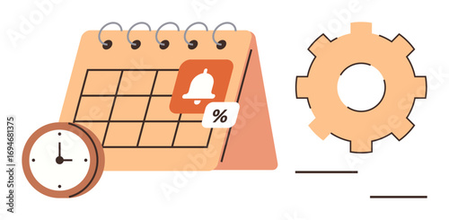 Calendar with alert icon and discount sign, clock for time tracking, gear symbolizing process optimization. Ideal for time management, planning, scheduling, deadlines, productivity, organization