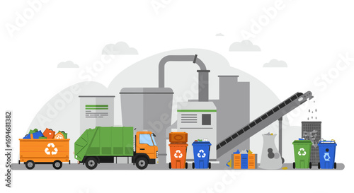 Sustainable waste management facility with recycling trucks and bins
