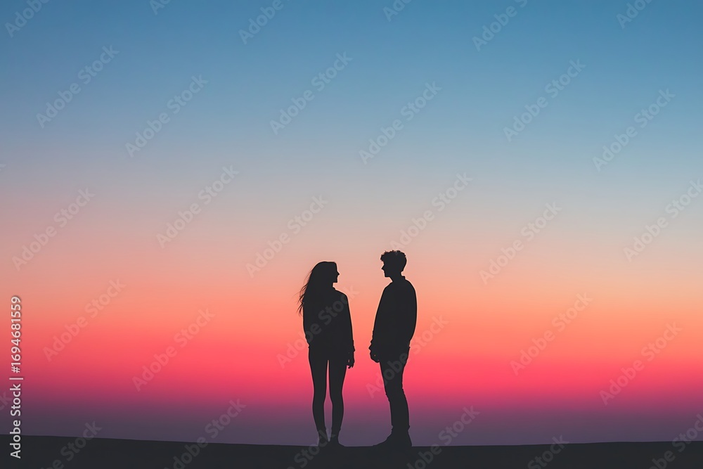 Fototapeta premium A silhouette of a couple standing together against a vibrant sunset sky, symbolizing love, connection, and peaceful togetherness in nature.