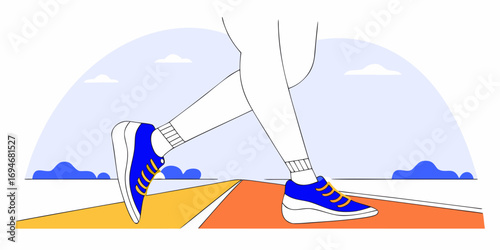 A stylized depiction of a person briskly walking down a colorful path. The focus is on the feet wearing bright blue sneakers, against a minimalist background with a clear sky and abstract shapes.AI