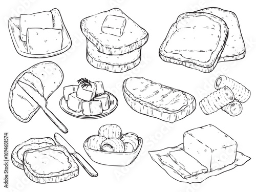 Set of hand drawn butter and bread outline drawing illustration