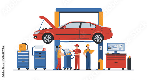 Car maintenance workshop scene with mechanics and equipment in flat design style