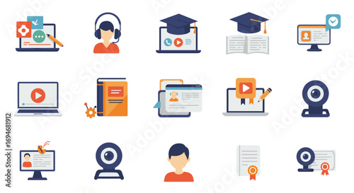 Online education icons: flat style tools for e-learning and virtual classrooms