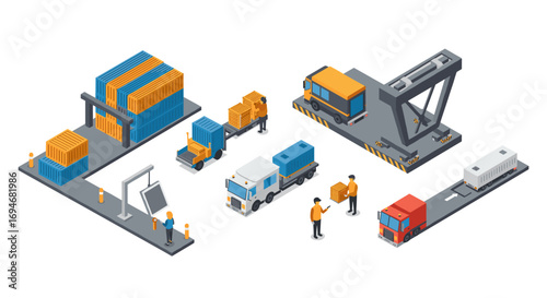 Isometric logistics scene with vehicles, containers, and workers