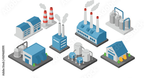 Isometric industrial buildings and factories set with blue accents