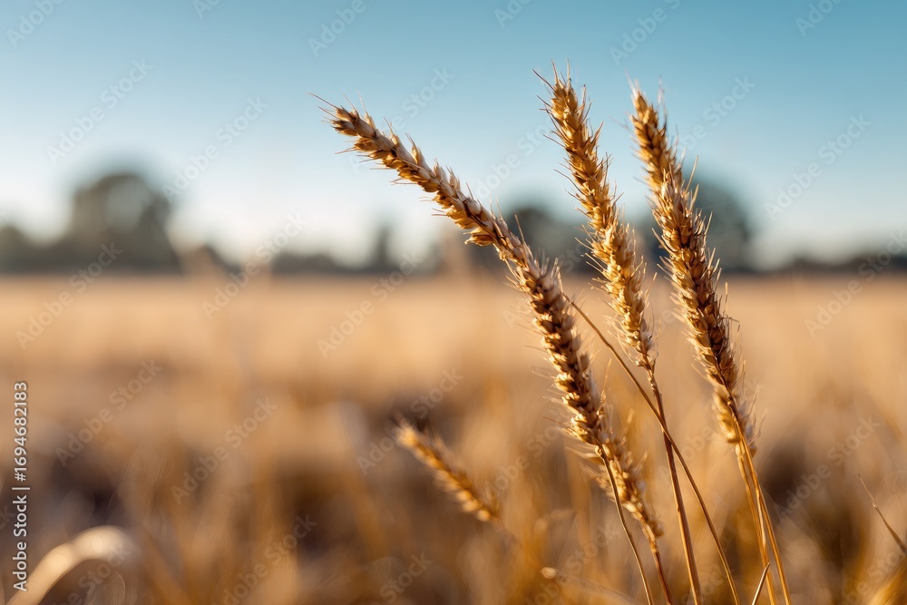 Fototapeta premium Golden wheat heads in a sunlit field