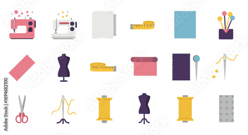 Sewing tools and supplies flat design collection with scissors, thread, mannequins, and needles