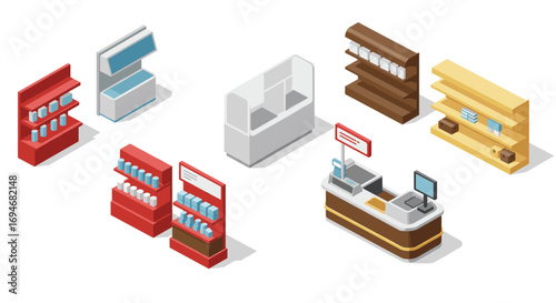 Isometric pharmacy interiors with display shelves and checkout counter