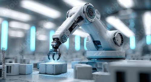 Modern robotic arm in a clean, futuristic factory