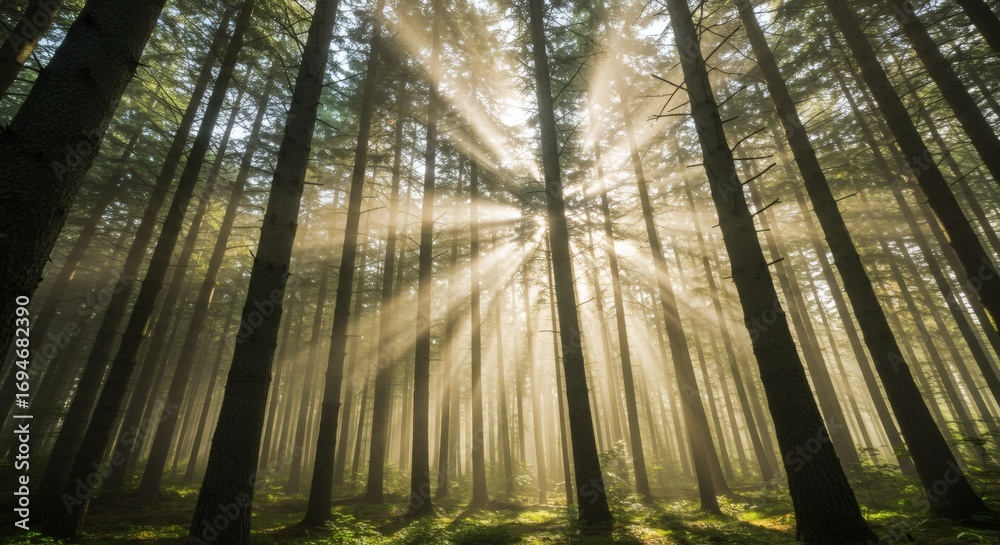 Naklejka premium Sunbeams Explode Through Misty Pine Forest.