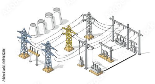 Isometric power lines and transmission towers in industrial setting