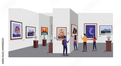 Flat art gallery scene with visitors admiring modern paintings and sculptures