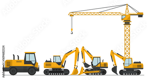 Construction equipment collection featuring crane, excavator, bulldozer in flat design