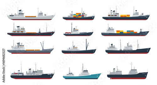 Collection of classic cargo and passenger ships in flat design