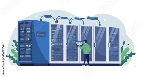 Modern data center with technician: server maintenance and networking