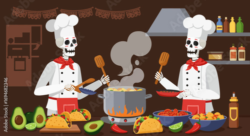 A vibrant flat design illustration of two cheerful skeleton chefs preparing an array of delicious Mexican dishes, symbolizing culinary joy and celebration.
