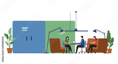 Modern office collaboration with flat design elements