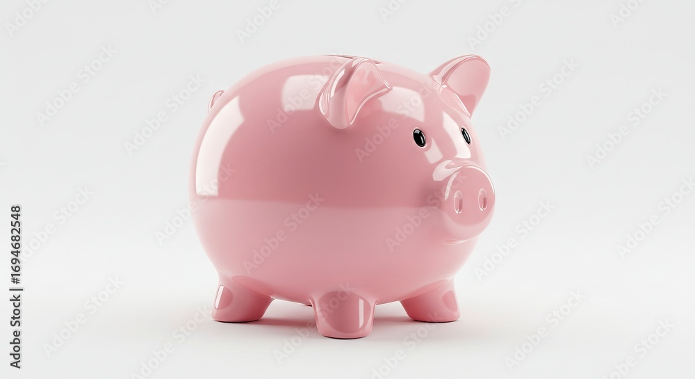 Fototapeta premium Glossy pink piggy bank stands on a plain white background