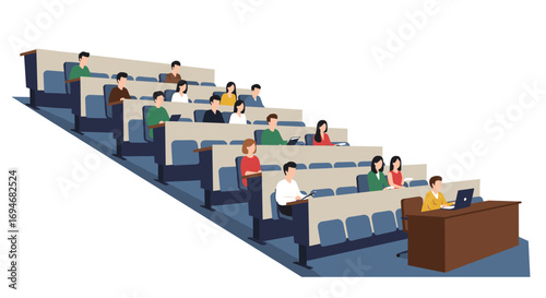 University classroom with students in lecture hall, education and learning concept