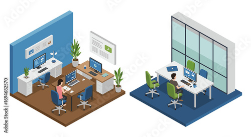 Modern isometric office spaces with remote workers and digital devices