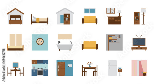 Simple flat designs of home furniture and decor elements