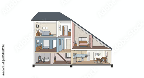 Isometric house cutaway diagram with detailed room interiors and furniture layout
