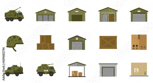 Military logistics icons set featuring vehicles and storage facilities in flat design