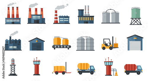 Industrial facilities icons collection: factories, storage tanks, transportation in flat design