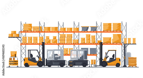 Warehouse interior with forklifts and shelves full of cardboard boxes in flat design