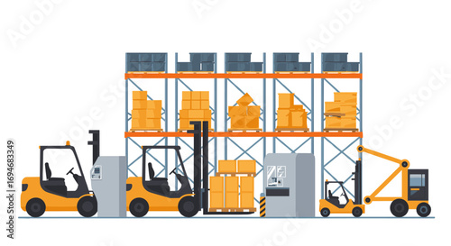 Modern warehouse logistics with forklifts and shelving units