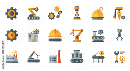 Industrial automation icons: robotics, machinery, factory equipment in flat design